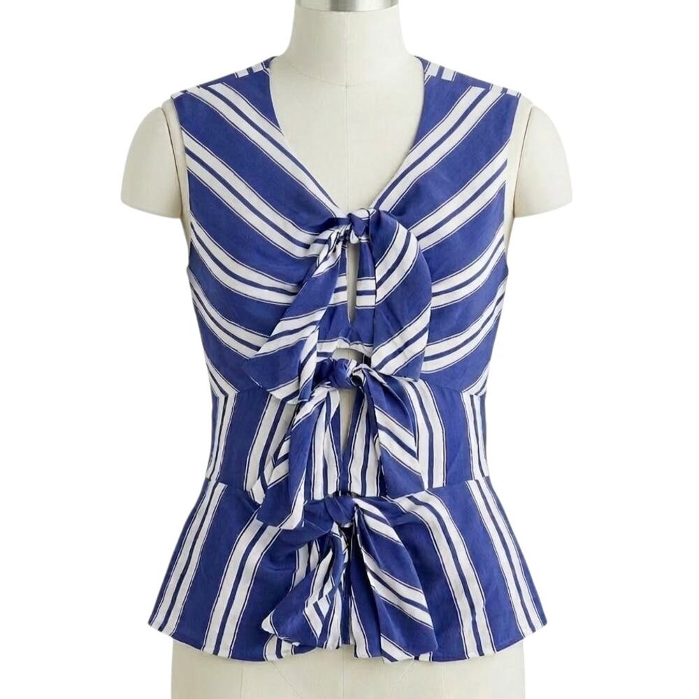 J Crew Tie Front Crepe de Chine Striped Top Blue White Sleeveless Tank Large 12